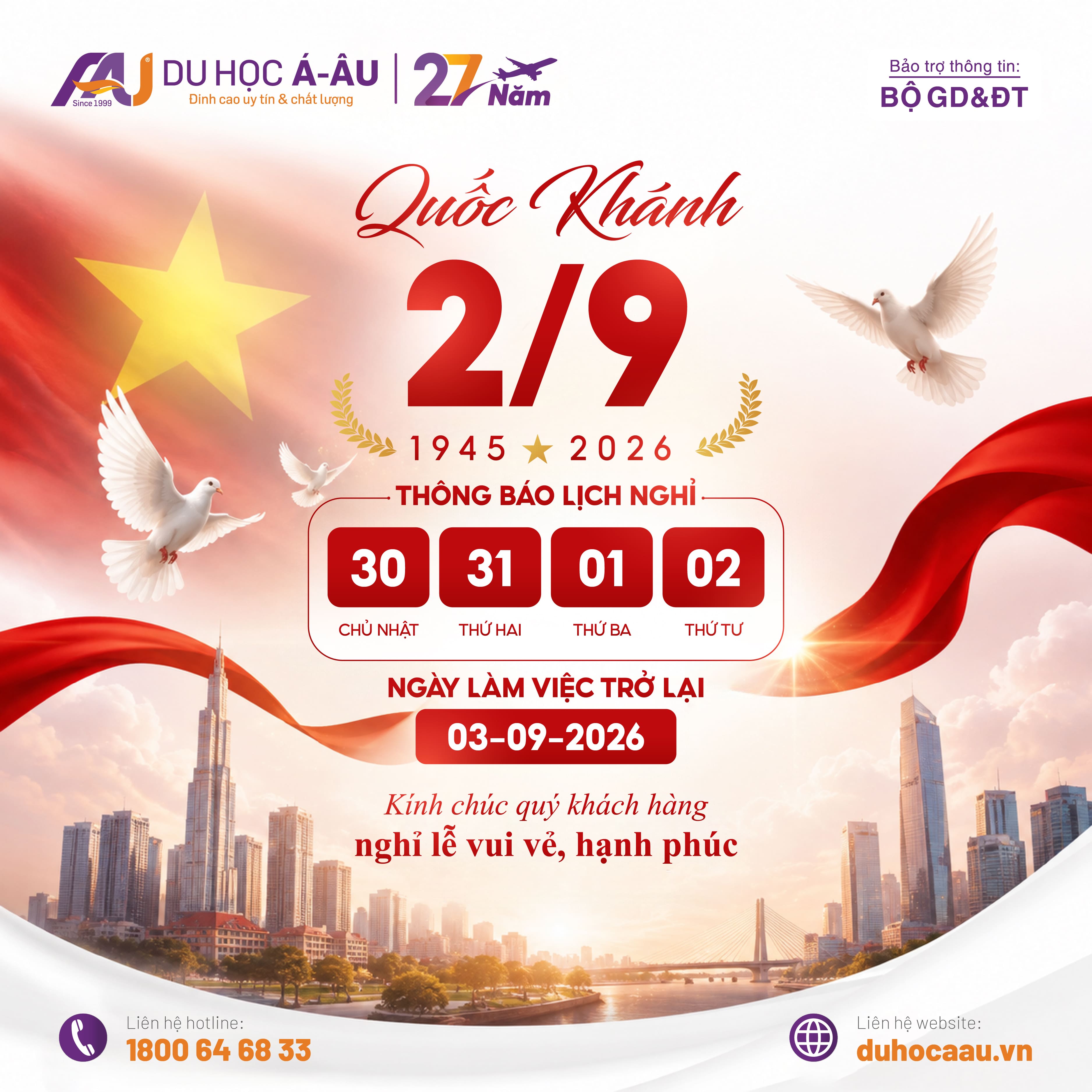 THÔNG BÁO LỊCH NGHỈ LỄ QUỐC KHÁNH 02/09/2026